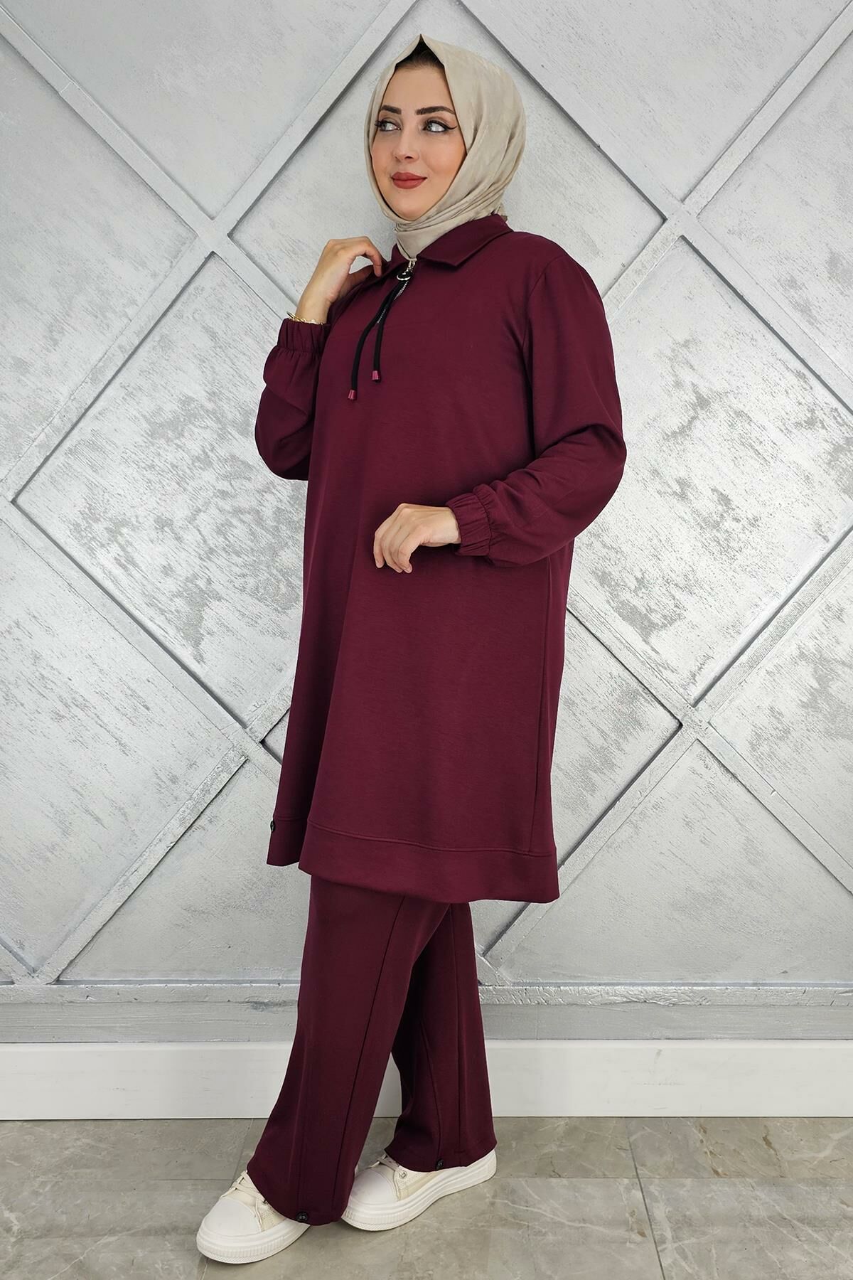 KADIN DÜĞME DETAYLI TESETTÜR TAKIM BORDO - 5 BEDEN