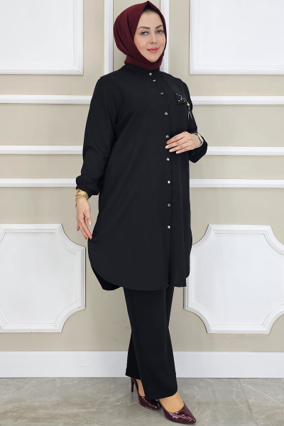 PYS KADIN SALLANTI AKSESUARLI HAKİM YAKA TESETTÜR TAKIM SİYAH - 2 BEDEN