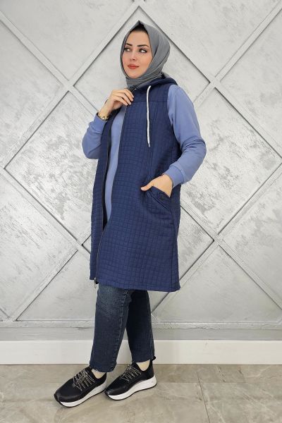 KADIN KAPİTONE CEPLERİ DÜĞME DETAYLI KAPİTONE YELEK LACİVERT - 4 BEDEN