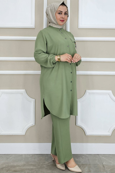 PYS KADIN SALLANTI AKSESUARLI HAKİM YAKA TESETTÜR TAKIM YEŞİL - 2 BEDEN