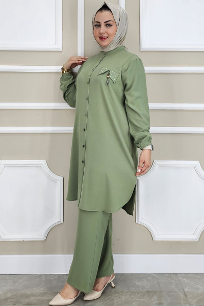 PYS KADIN SALLANTI AKSESUARLI HAKİM YAKA TESETTÜR TAKIM YEŞİL - 5 BEDEN