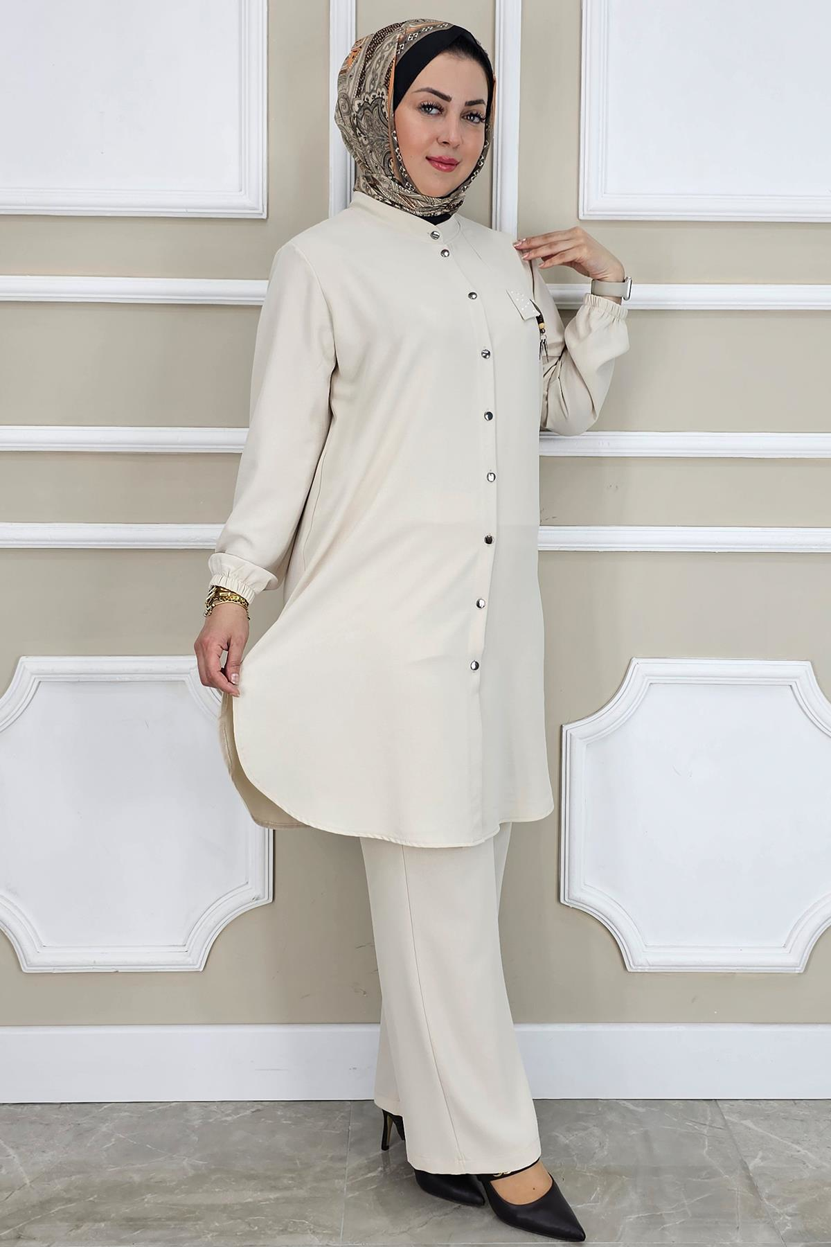 PYS KADIN SALLANTI AKSESUARLI HAKİM YAKA TESETTÜR TAKIM TAŞ - 2 BEDEN