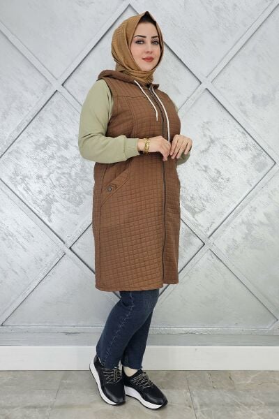 KADIN KAPİTONE CEPLERİ DÜĞME DETAYLI KAPİTONE YELEK KAHVERENGİ - 5 BEDEN