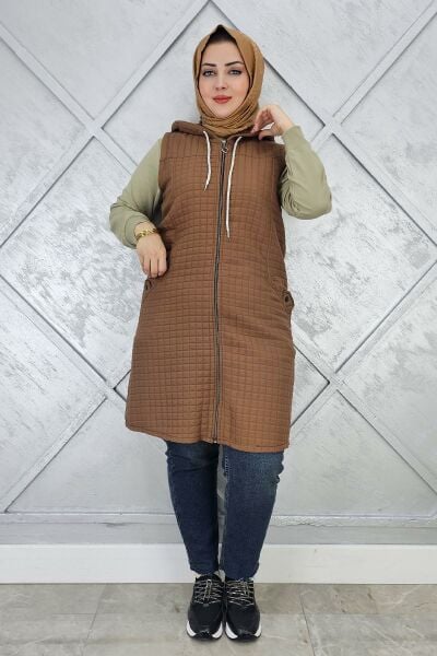 KADIN KAPİTONE CEPLERİ DÜĞME DETAYLI KAPİTONE YELEK KAHVERENGİ - 5 BEDEN