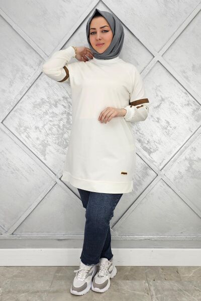 KADIN KOLLARI KUŞGÖZÜ AKSESUARLI TESETTÜR TUNİK EKRU - 5 BEDEN
