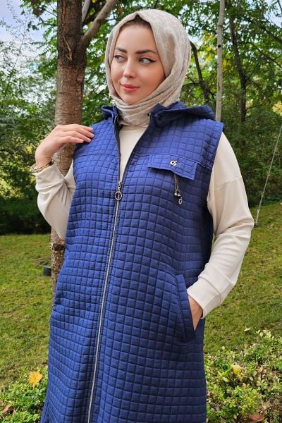 KADIN CEPLİ SALLANTI AKSESUARLI TESETTÜR YELEK LACİVERT - 3 BEDEN