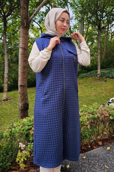 KADIN CEPLİ SALLANTI AKSESUARLI TESETTÜR YELEK LACİVERT - 3 BEDEN