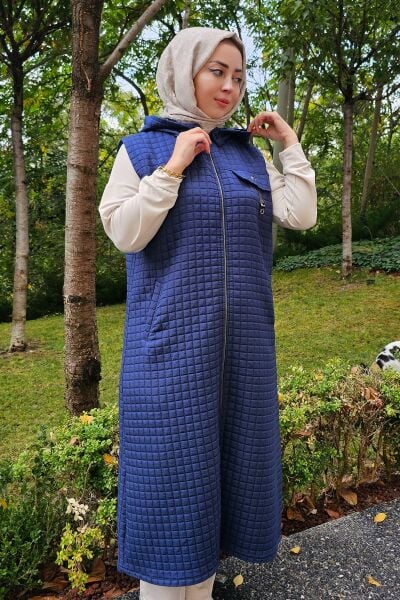 KADIN CEPLİ SALLANTI AKSESUARLI TESETTÜR YELEK LACİVERT - 4 BEDEN