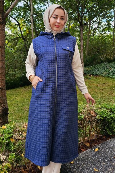 KADIN CEPLİ SALLANTI AKSESUARLI TESETTÜR YELEK LACİVERT - 4 BEDEN