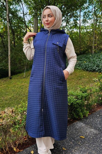 KADIN CEPLİ SALLANTI AKSESUARLI TESETTÜR YELEK LACİVERT - 4 BEDEN