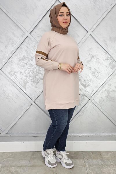 KADIN KOLLARI KUŞGÖZÜ AKSESUARLI TESETTÜR TUNİK BEJ - 3 BEDEN