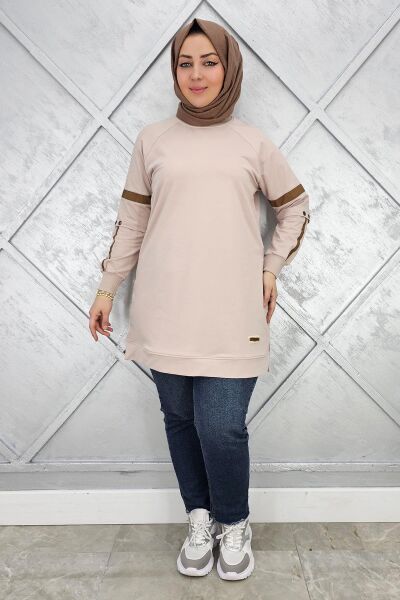 KADIN KOLLARI KUŞGÖZÜ AKSESUARLI TESETTÜR TUNİK BEJ - 3 BEDEN