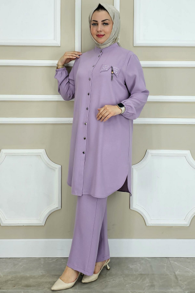 PYS KADIN SALLANTI AKSESUARLI HAKİM YAKA TESETTÜR TAKIM LİLA - 2 BEDEN