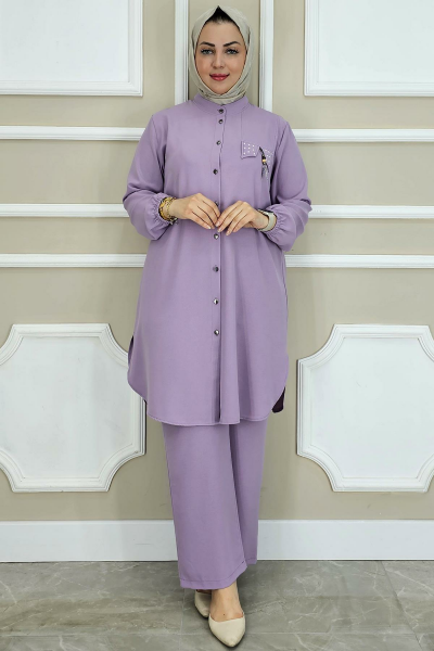 PYS KADIN SALLANTI AKSESUARLI HAKİM YAKA TESETTÜR TAKIM LİLA - 2 BEDEN