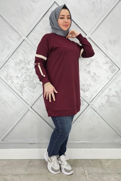 KADIN KOLLARI KUŞGÖZÜ AKSESUARLI TESETTÜR TUNİK BORDO - 5 BEDEN