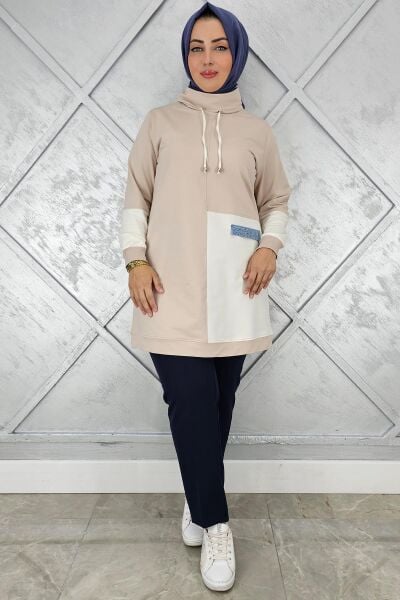 KADIN KOMBİNLİ BOĞAZLI TESETTÜR TUNİK BEJ - 3 BEDEN