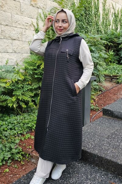 KADIN CEPLİ SALLANTI AKSESUARLI TESETTÜR YELEK SİYAH - 5 BEDEN