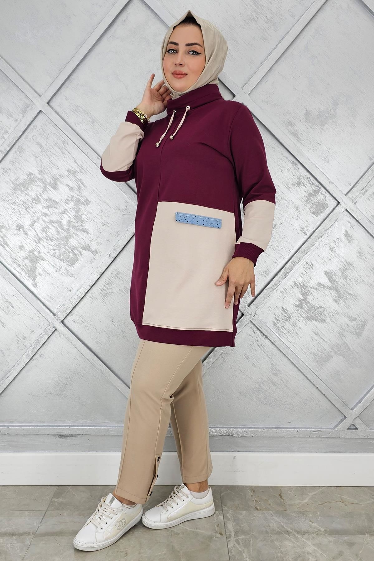 KADIN KOMBİNLİ BOĞAZLI TESETTÜR TUNİK BORDO - 5 BEDEN