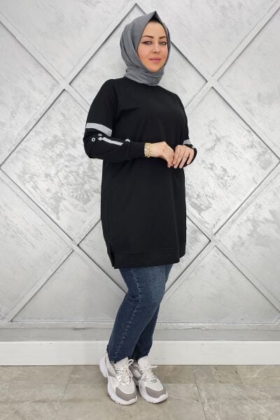KADIN KOLLARI KUŞGÖZÜ AKSESUARLI TESETTÜR TUNİK SİYAH - 4 BEDEN