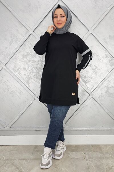 KADIN KOLLARI KUŞGÖZÜ AKSESUARLI TESETTÜR TUNİK SİYAH - 4 BEDEN