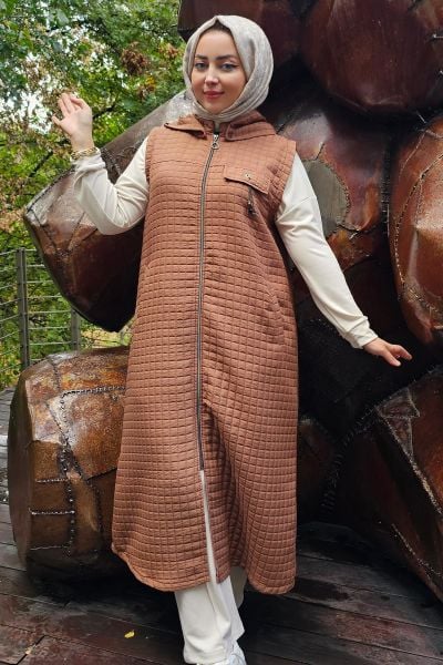 KADIN CEPLİ SALLANTI AKSESUARLI TESETTÜR YELEK KAHVERENGİ - 2 BEDEN