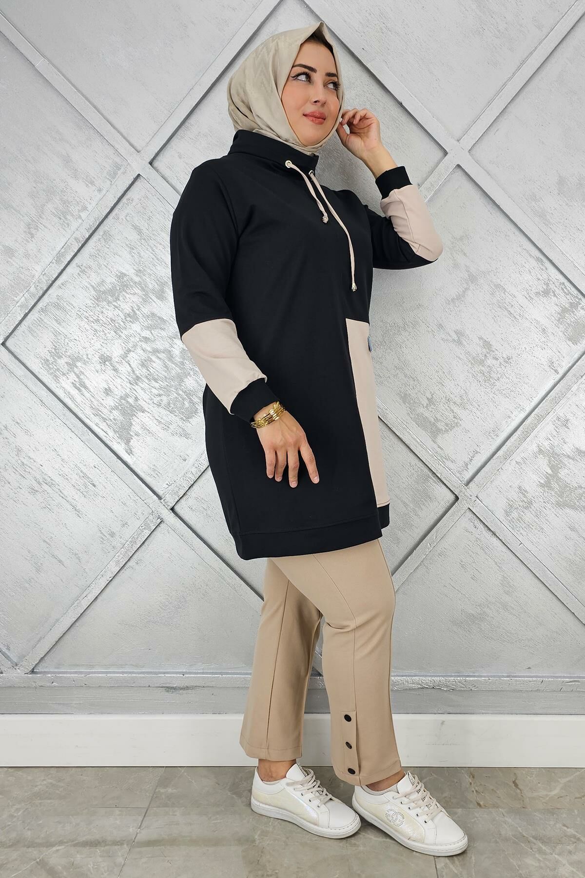 KADIN KOMBİNLİ BOĞAZLI TESETTÜR TUNİK SİYAH - 2 BEDEN