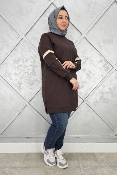 KADIN KOLLARI KUŞGÖZÜ AKSESUARLI TESETTÜR TUNİK KAHVERENGİ - 4 BEDEN