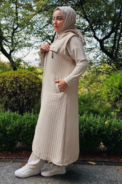 KADIN CEPLİ SALLANTI AKSESUARLI TESETTÜR YELEK KREM - 5 BEDEN