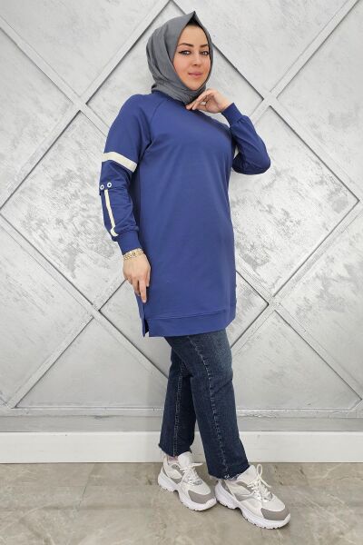 KADIN KOLLARI KUŞGÖZÜ AKSESUARLI TESETTÜR TUNİK İNDİGO - 3 BEDEN