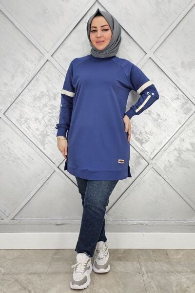 KADIN KOLLARI KUŞGÖZÜ AKSESUARLI TESETTÜR TUNİK İNDİGO - 3 BEDEN