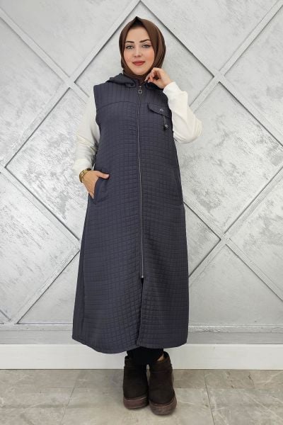 KADIN CEPLİ SALLANTI AKSESUARLI TESETTÜR YELEK GRİ - 5 BEDEN