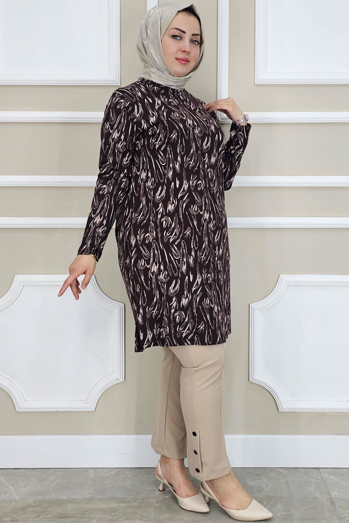 PYS KADIN DALGA DESENLİ TESETTÜR TUNİK KAHVERENGİ - 3 BEDEN