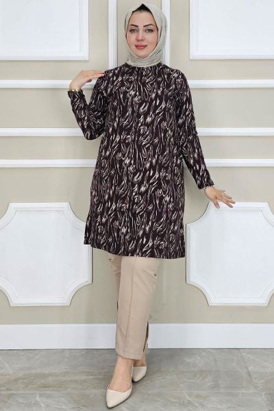 PYS KADIN DALGA DESENLİ TESETTÜR TUNİK KAHVERENGİ - 3 BEDEN