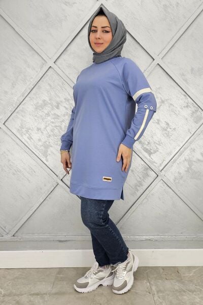 KADIN KOLLARI KUŞGÖZÜ AKSESUARLI TESETTÜR TUNİK MAVİ - 2 BEDEN