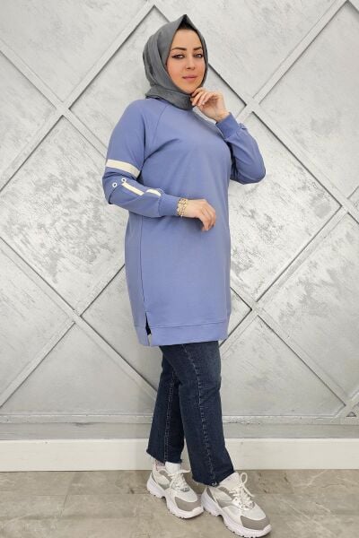 KADIN KOLLARI KUŞGÖZÜ AKSESUARLI TESETTÜR TUNİK MAVİ - 2 BEDEN