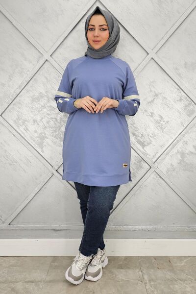 KADIN KOLLARI KUŞGÖZÜ AKSESUARLI TESETTÜR TUNİK MAVİ - 2 BEDEN