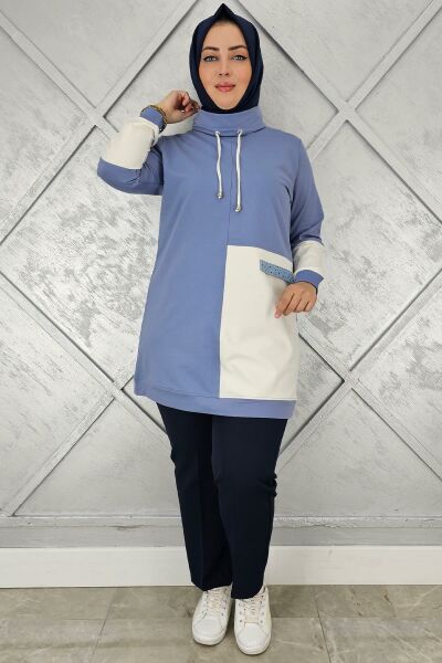 KADIN KOMBİNLİ BOĞAZLI TESETTÜR TUNİK MAVİ - 5 BEDEN