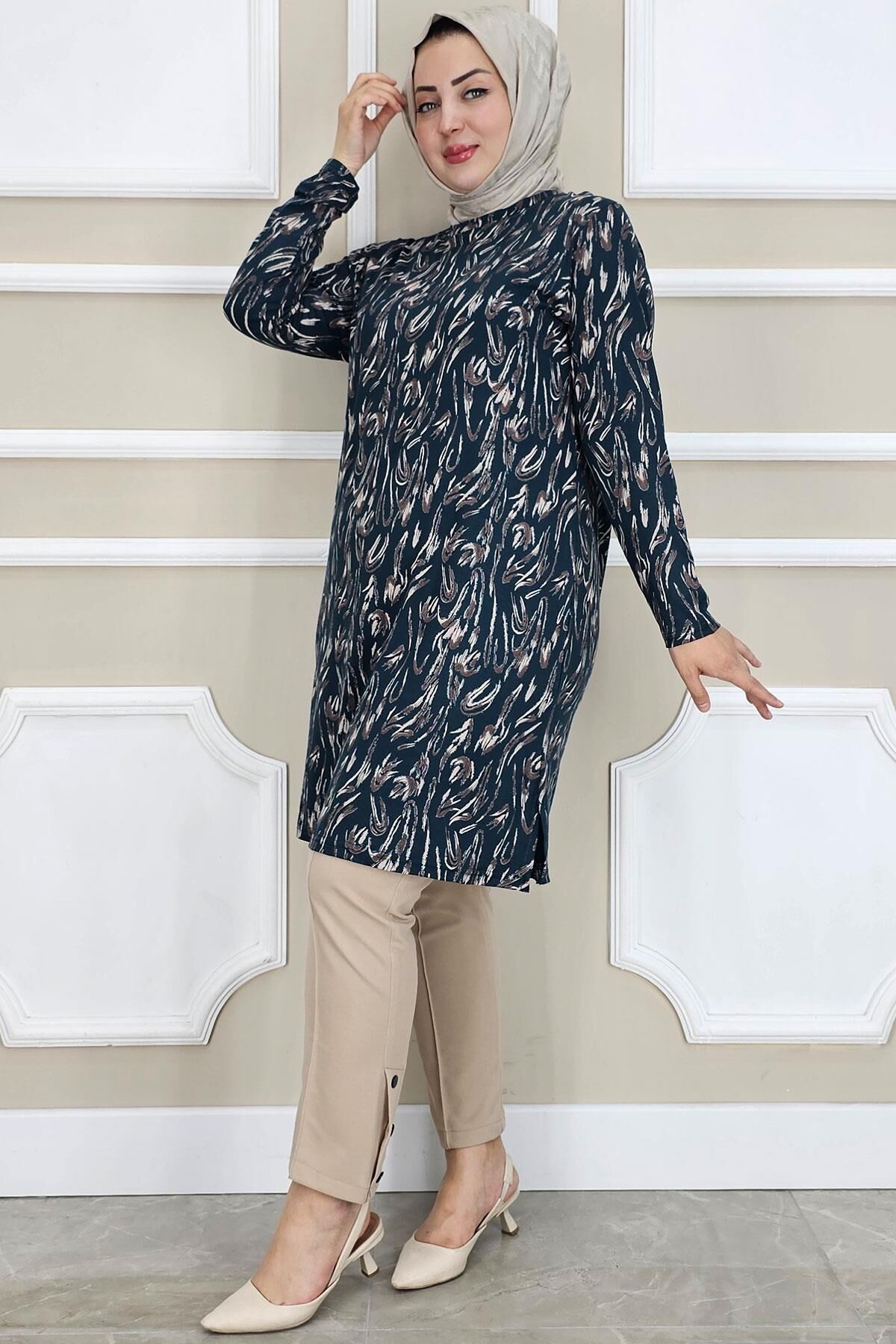 PYS KADIN DALGA DESENLİ TESETTÜR TUNİK PETROL YEŞİLİ - 4 BEDEN