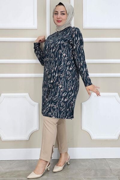 PYS KADIN DALGA DESENLİ TESETTÜR TUNİK PETROL YEŞİLİ - 4 BEDEN