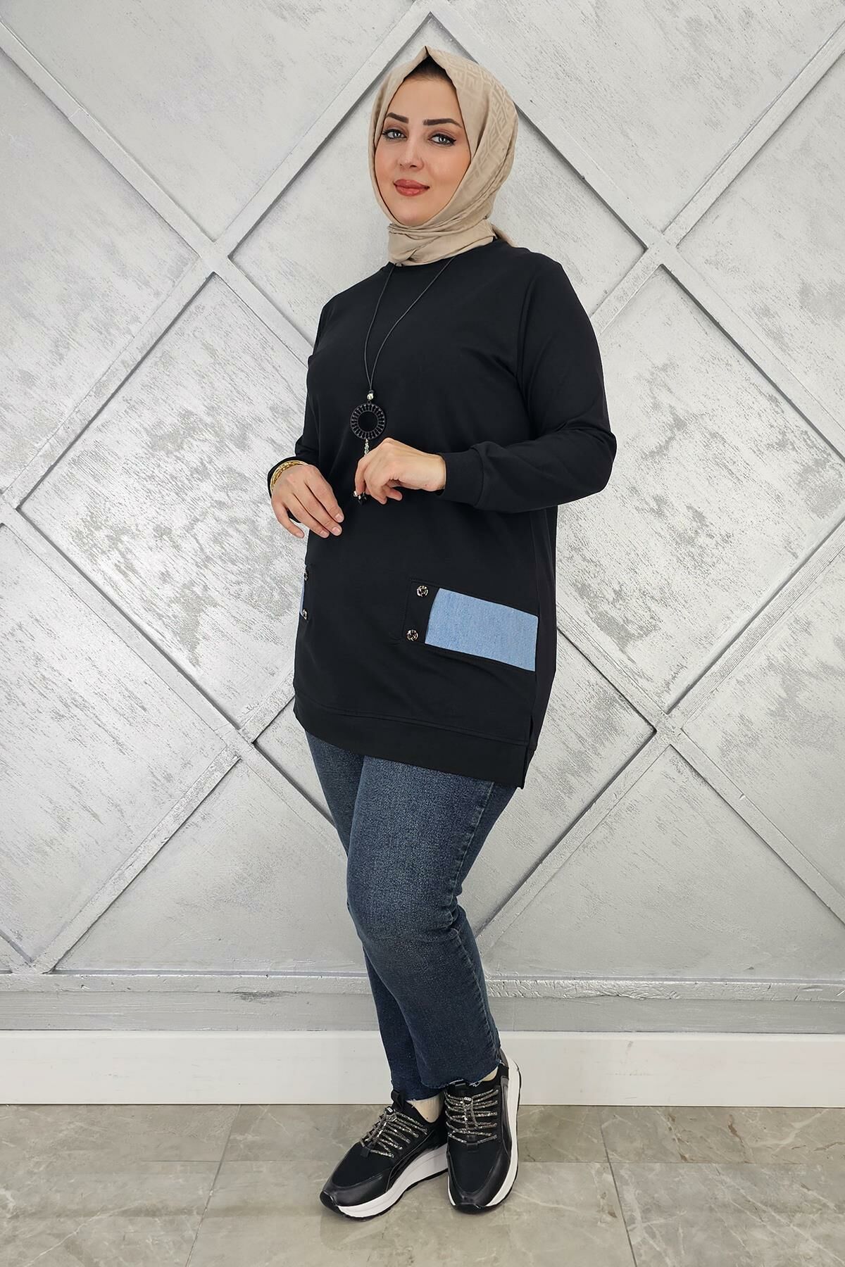 KADIN KOMBİN DETAYLI TESETTÜR TUNİK SİYAH - 2XL