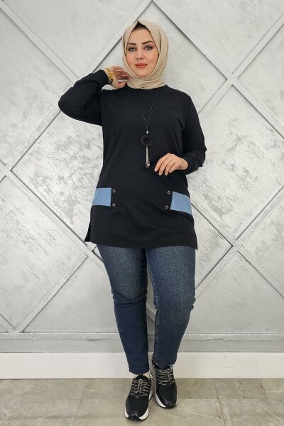 KADIN KOMBİN DETAYLI TESETTÜR TUNİK SİYAH - 2XL