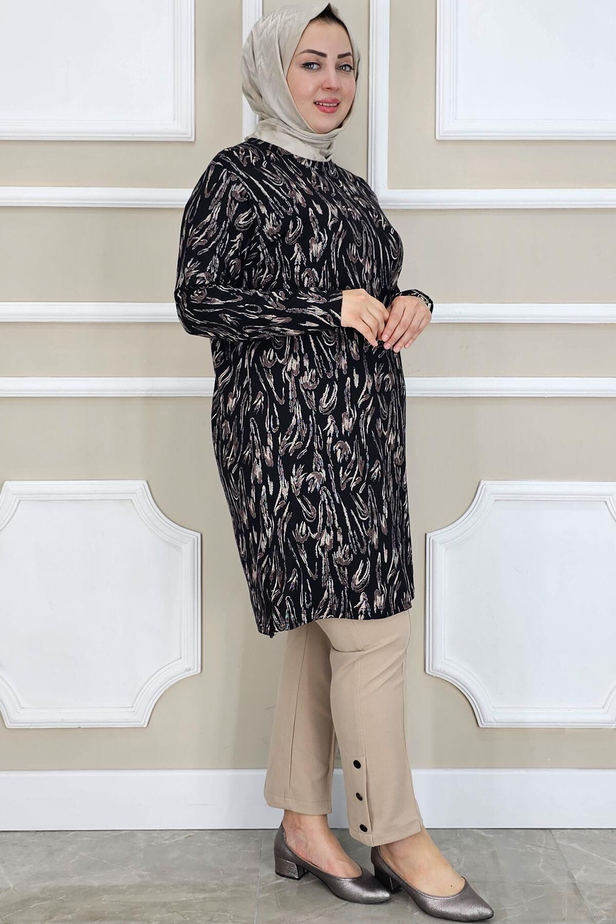 PYS KADIN DALGA DESENLİ TESETTÜR TUNİK SİYAH - 3 BEDEN