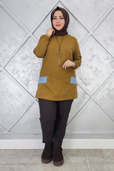 KADIN KOMBİN DETAYLI TESETTÜR TUNİK YAĞ YEŞİLİ - 2XL