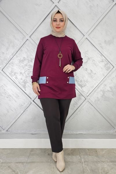 KADIN KOMBİN DETAYLI TESETTÜR TUNİK BORDO - L