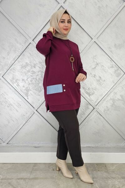KADIN KOMBİN DETAYLI TESETTÜR TUNİK BORDO - 2XL