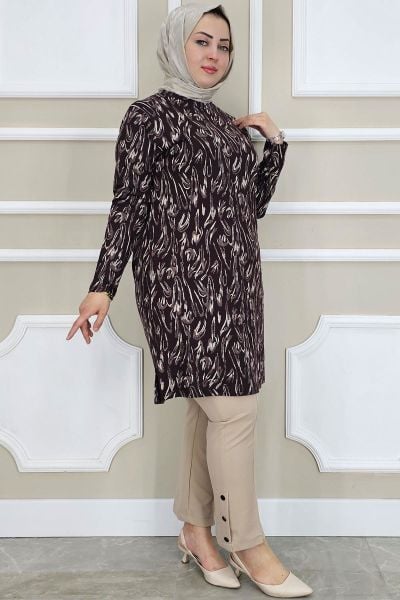 PYS KADIN DALGA DESENLİ TESETTÜR TUNİK KAHVERENGİ - 4 BEDEN