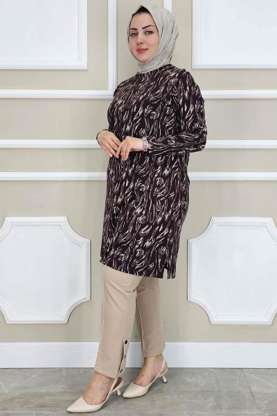 PYS KADIN DALGA DESENLİ TESETTÜR TUNİK KAHVERENGİ - 4 BEDEN