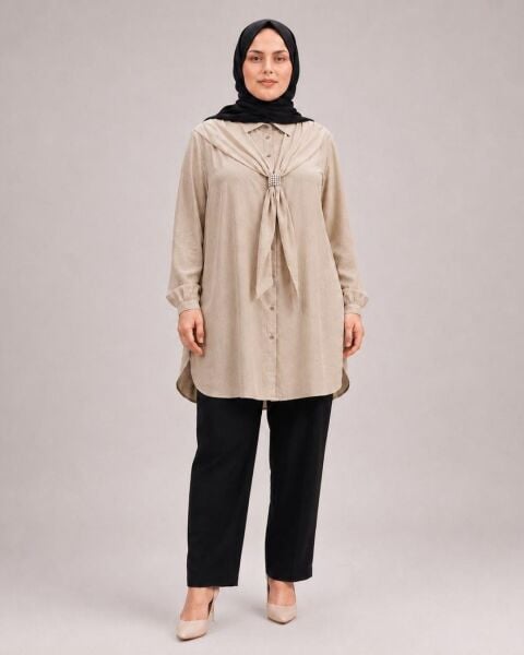 KADIN FULAR DETAYLI TESETTÜR GÖMLEK TAŞ - 2 BEDEN