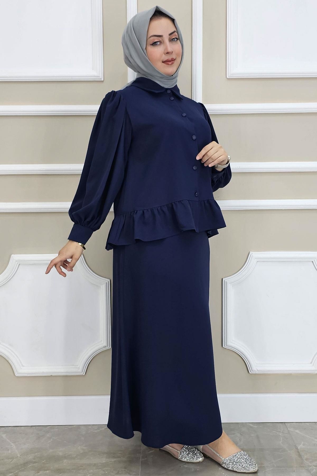PYS KADIN FIRFIR DETAYLI ETEKLİ TESETTÜR TAKIM LACİVERT - 4 BEDEN
