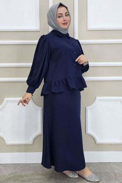 PYS KADIN FIRFIR DETAYLI ETEKLİ TESETTÜR TAKIM LACİVERT - 4 BEDEN